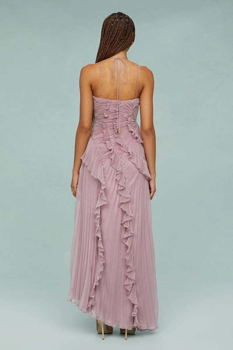 Vestido Midi Femenino De Verano Para Ocasiones Especiales – Modelo De Cuello Halter Plisado Con Detalles De Volantes