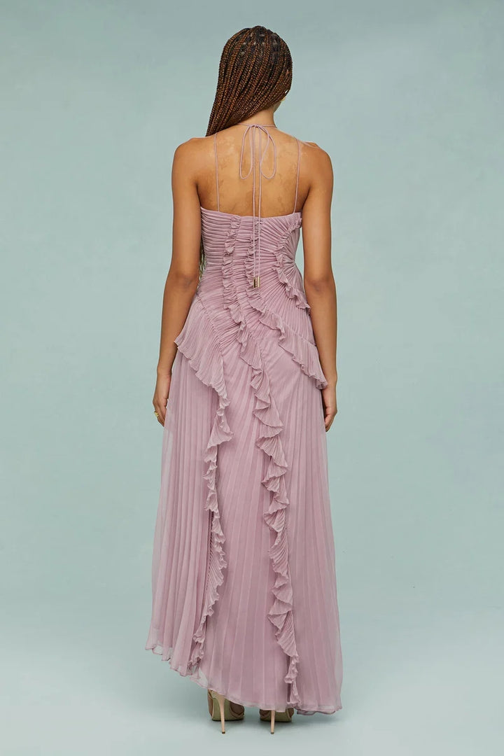 Vestido Midi Femenino De Verano Para Ocasiones Especiales – Modelo De Cuello Halter Plisado Con Detalles De Volantes