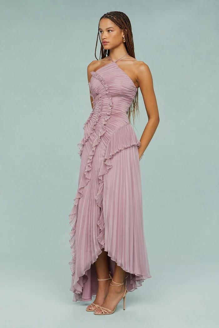 Vestido Midi Femenino De Verano Para Ocasiones Especiales – Modelo De Cuello Halter Plisado Con Detalles De Volantes