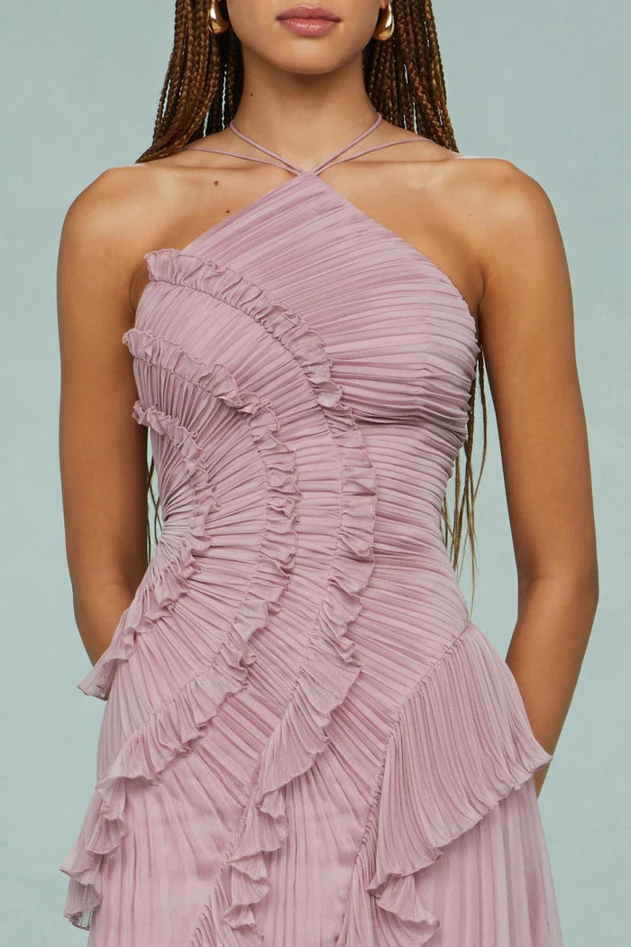 Vestido Midi Femenino De Verano Para Ocasiones Especiales – Modelo De Cuello Halter Plisado Con Detalles De Volantes