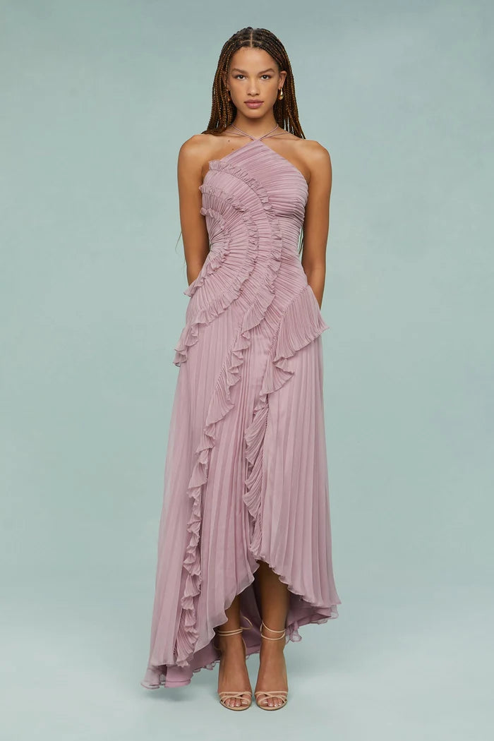 Vestido Midi Femenino De Verano Para Ocasiones Especiales – Modelo De Cuello Halter Plisado Con Detalles De Volantes