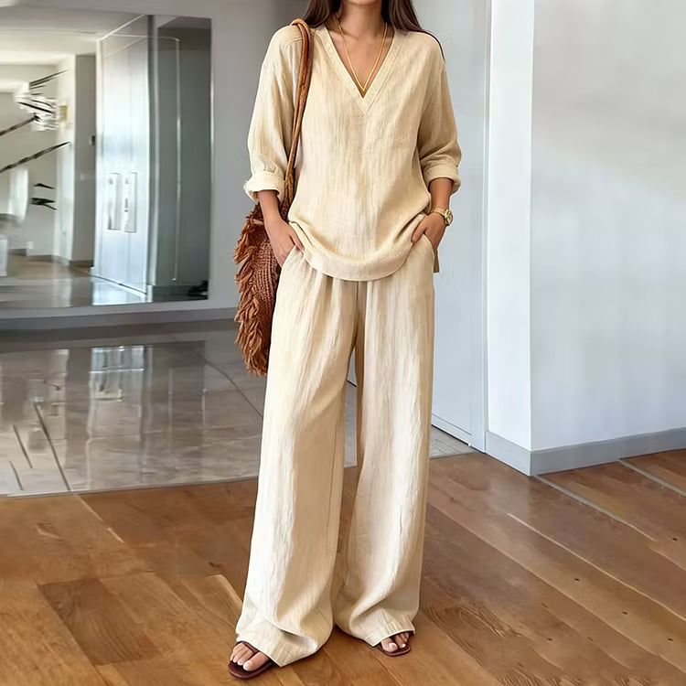 Two-Piece Set: Long Sleeve V-Neck Top and Retro Style Cotton Pants with Pockets