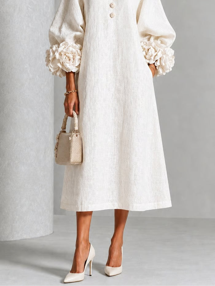 Vestido Midi Floral Con Puños 3d Y Botones Decorativos Y Bolsillos