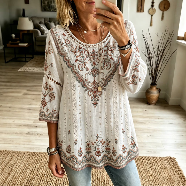 Camiseta Femenina Vintage Boho Con Estampado Floral Bordado Y Cuello Redondo En Lino Mixto