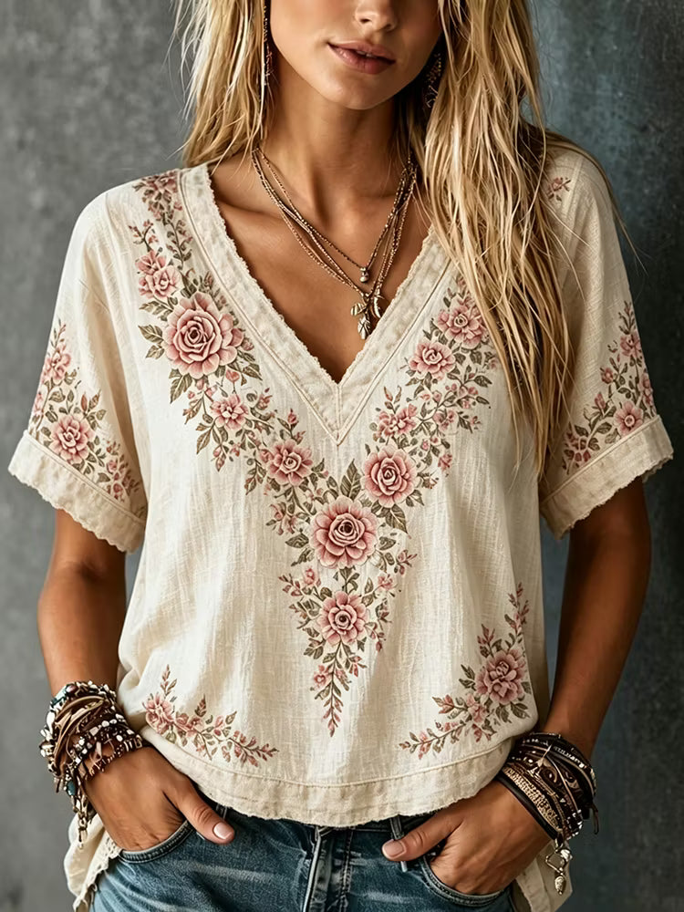 Camiseta Manga Corta Con Cuello En V Y Diseño De Encaje Floral Informal En Algodón