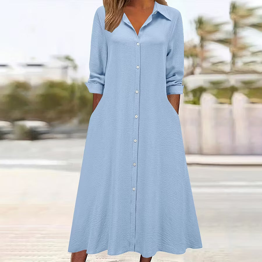 Vestido camisa femenino retro de color sólido con cuello, mangas largas y bolsillos