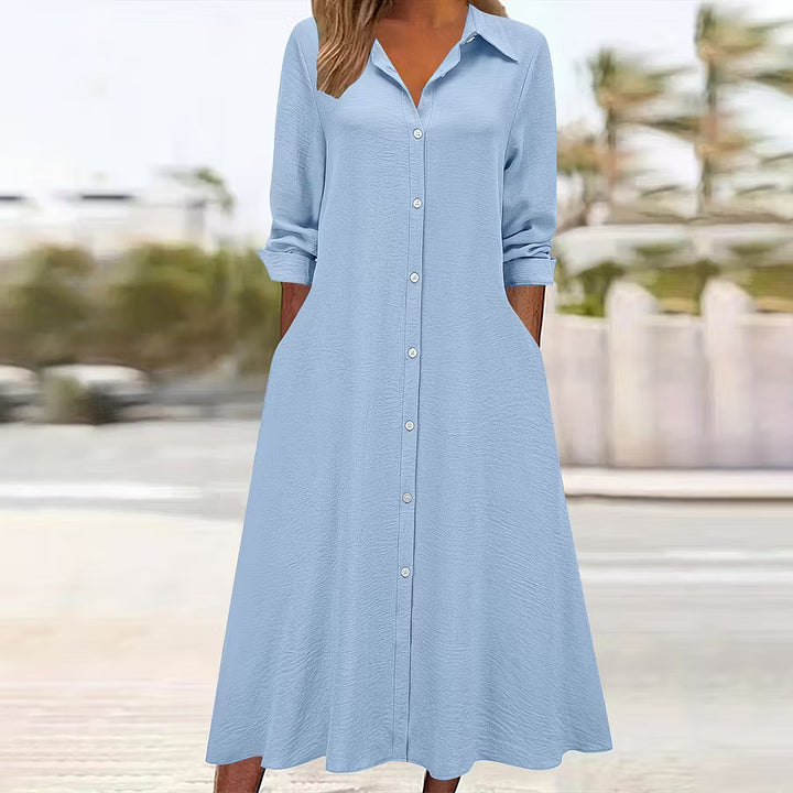 Vestido Camiseiro Feminino Retro De Cor Sólida Com Gola, Mangas Compridas E Bolsos