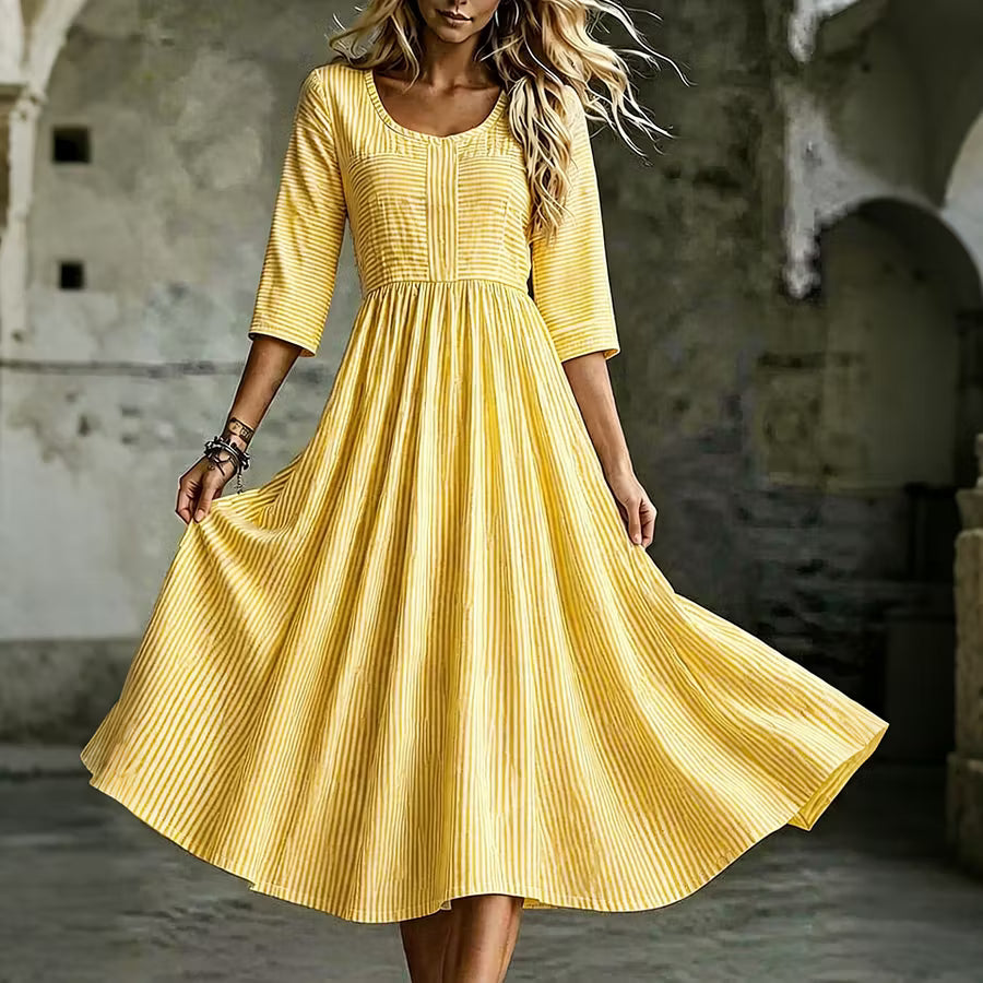 Vestido Casual De Manga 3/4 Com Estampado Geométrico De Riscas