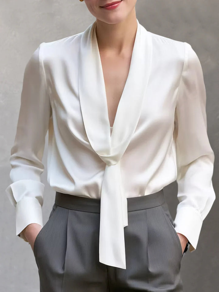 Blusa Camisa Color Sólido Manga Larga Con Cuello En V Y Nudo En La Cintura