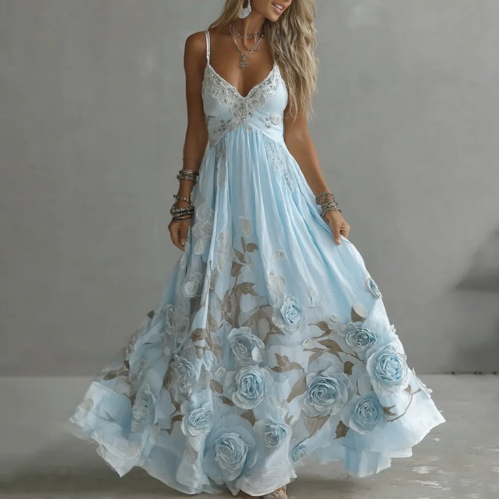 Vestido maxi con tirantes y bordado artístico de rosa vintage para mujer