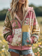 Sudadera con capucha y cremallera floral patchwork vintage para mujer