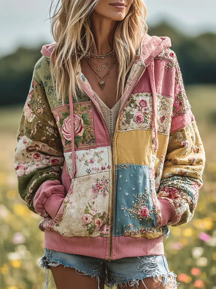 Sudadera Con Capucha Y Cremallera Floral Patchwork Vintage Para Mujer
