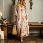 VESTIDO BOHEMIO RETRO DE ALGODÓN y LINO CON ESCOTE EN v PARA VACACIONES