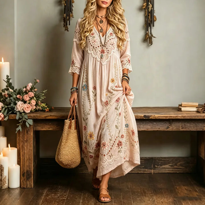 Vestido Boémio Retro de Algodão e Linho com Decote em V para Férias