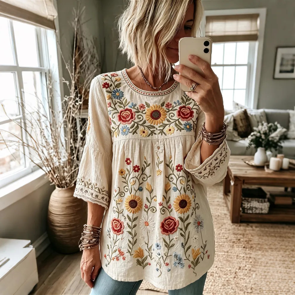 TOP CASUAL DE MEZCLA DE LINO CON ESTAMPADO FLORAL VINTAGE y MANGA TRES CUARTOS