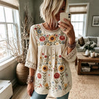 TOP CASUAL DE MEZCLA DE LINO CON ESTAMPADO FLORAL VINTAGE y MANGA TRES CUARTOS