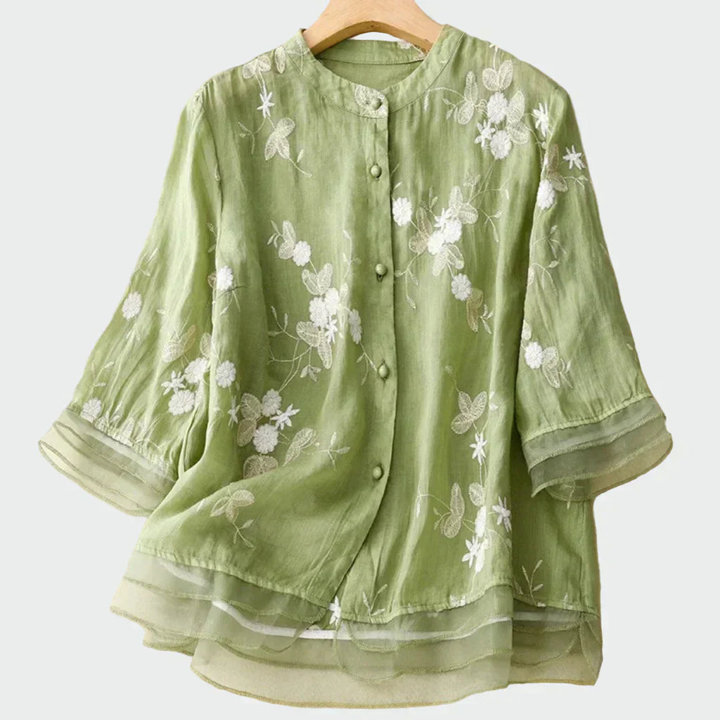 Camisa bordada floral con botones para mujer