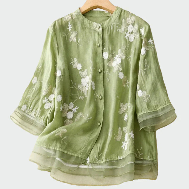 Camisa Bordada Floral Com Botões Para Mulher