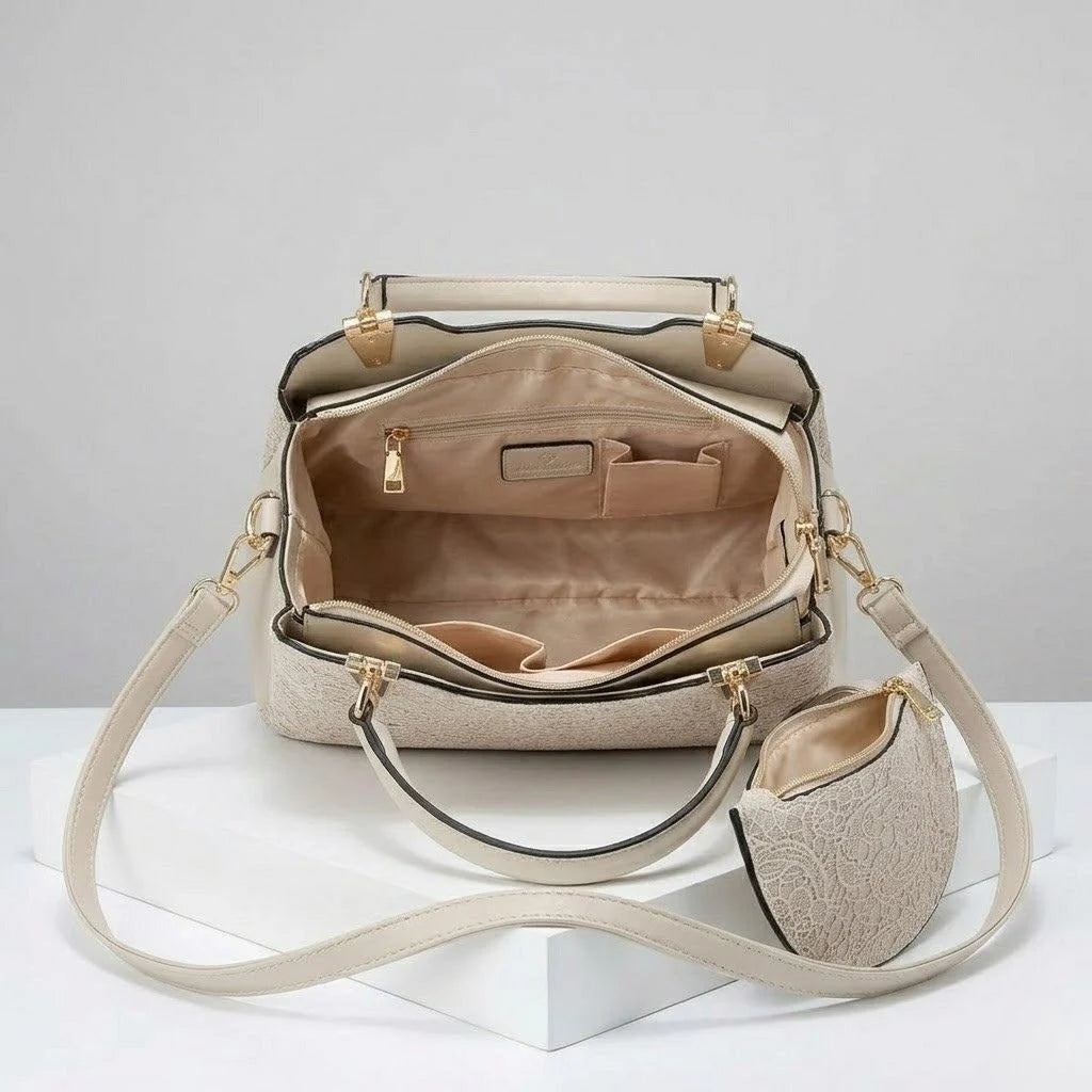 Elegant Textured Structured Handbag With Coordinated Purse