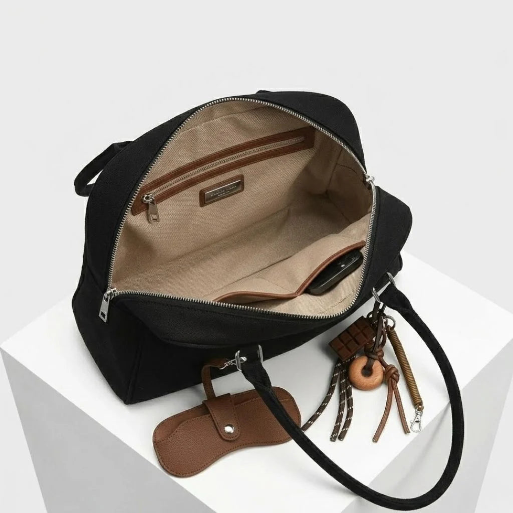 Structured Bowling Bag with Double Handles and Decorative Charms