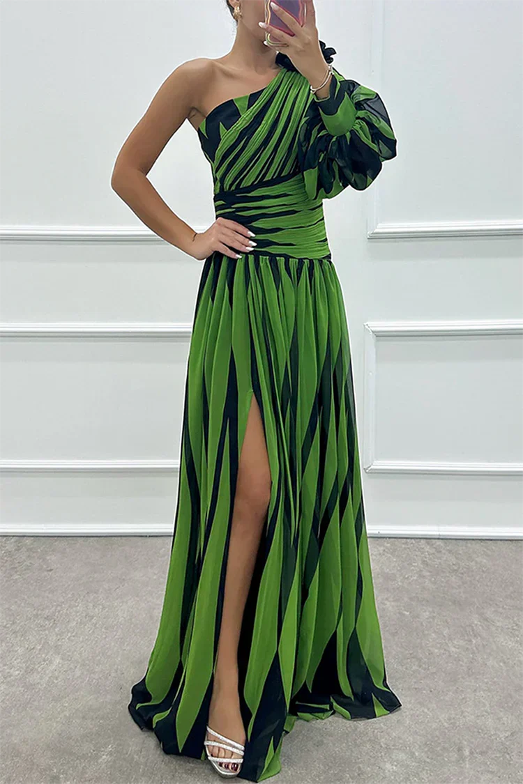 Chloe | Vestido Maxi Elegante de Um Ombro às Riscas