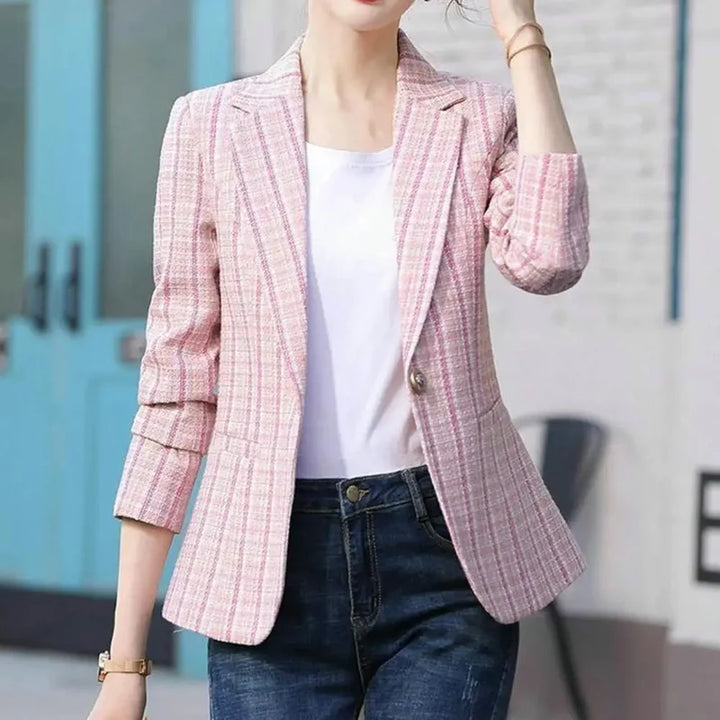Women's Plaid Blazer with One Button – Elegant Office Jacket