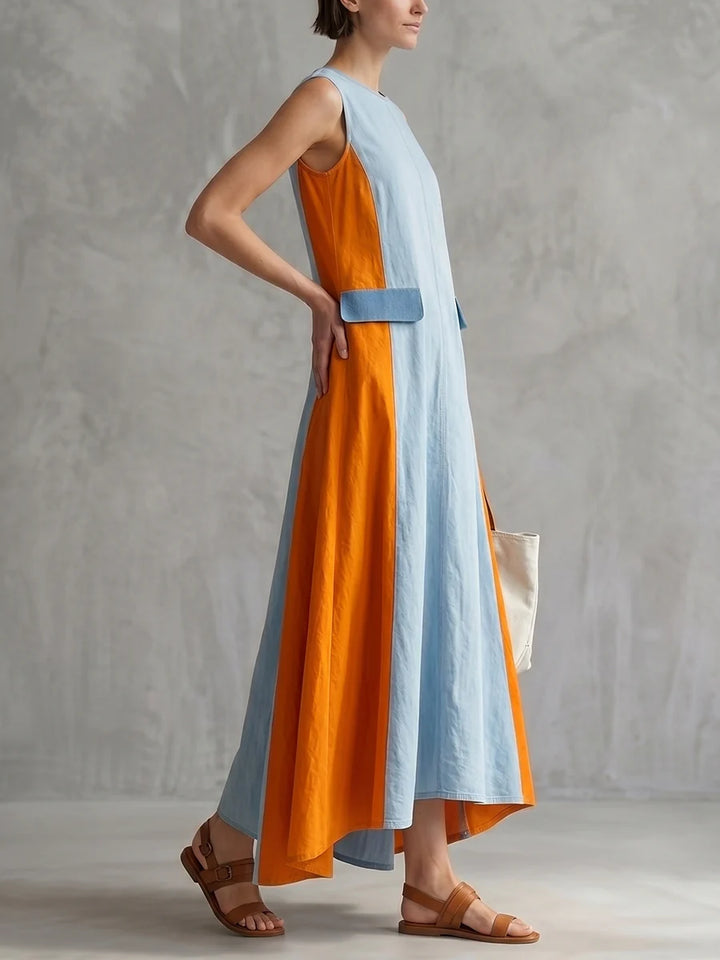 Vestido Maxi Holgado Línea A Bicolor Con Abertura Frontal Y Cuello Redondo