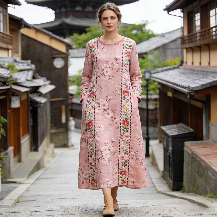 Vestido maxi largo de lino con estampado patchwork de sakura japonesa