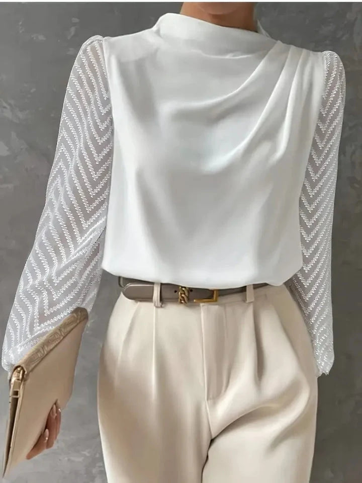 SAMANTA® | BLUSA CON MANGAS DE EFECTO ILUSIÓN Y ESCOTE MOCHA FRUNCIDO