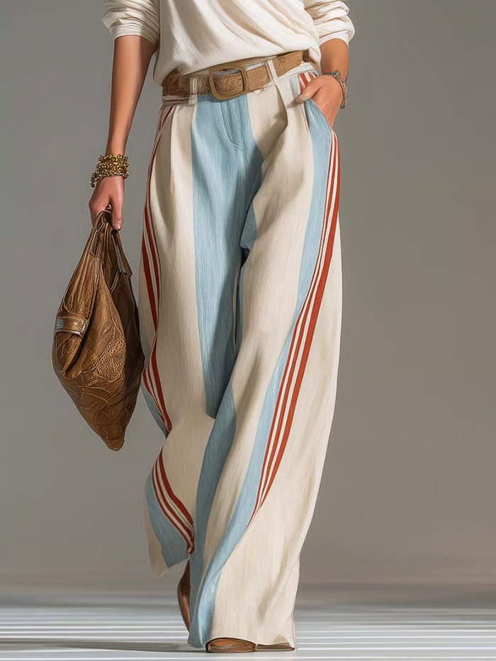 CONJUNTO RETRO CASUAL - TOP CRUZADO MARFIL CUELLO EN V Y PANTALÓN PIERNA ANCHA DE RAYAS EN LINO Y ALGODÓN