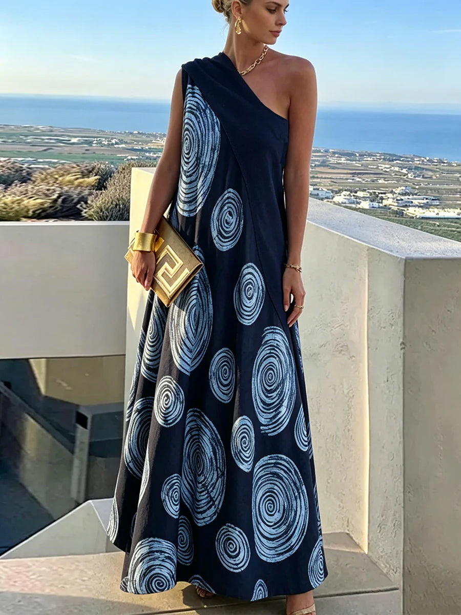 Vestido Maxi Holgado Corte En A Con Un Hombro, Plisado Y Color En Contraste