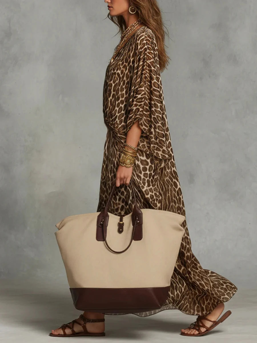 Vestido Maxi Estampado Leopardo Con Escote En V Y Manga Larga