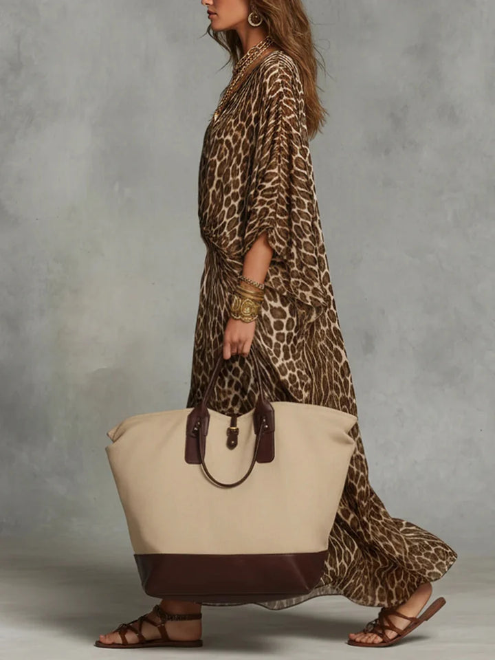 Vestido Maxi Estampado Leopardo Con Escote En V Y Manga Larga