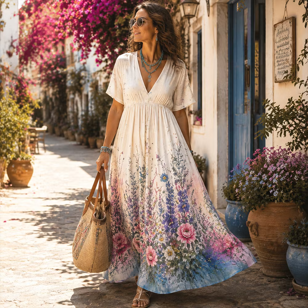 Vestido Maxi Boho Fluido Con Escote En V Profundo - Estampado Floral