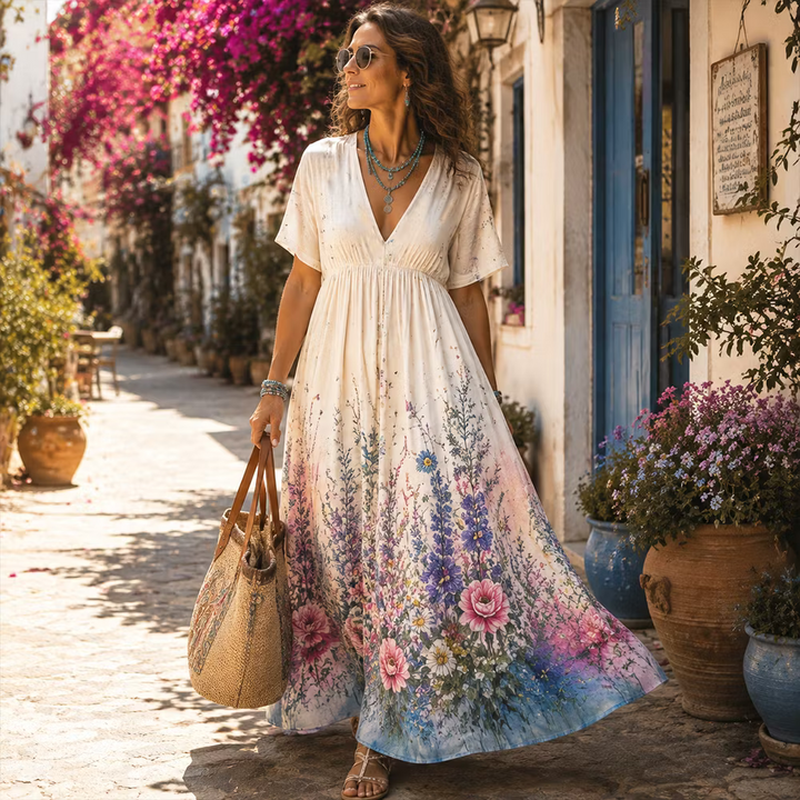 Vestido Maxi Boho Fluido Con Escote En V Profundo - Estampado Floral