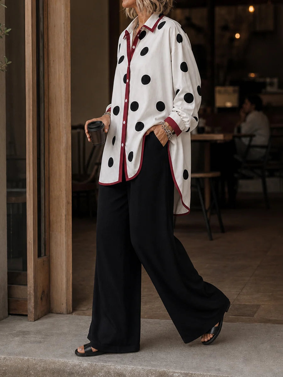 Blusa De Manga Larga Con Solapa, Botones Y Estampado De Lunares Contrastantes