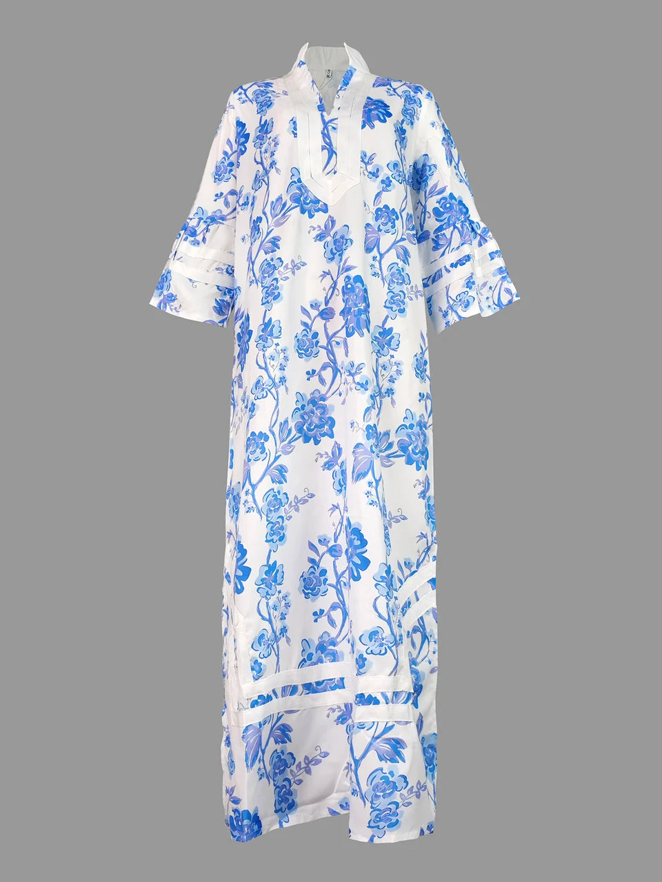 VESTIDO MIDI FLORAL FOLGADO DE MANGA COMPRIDA COM DECOTE EM V PROFUNDO E ABERTURA LATERAL