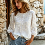TOP CASUAL DE MANGA LARGA CON BORDADO FLORAL VINTAGE CUELLO REDONDO