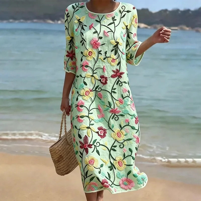 Vestido Vintage Suelto de Manga 3/4 con Estampado Floral en Mezcla de Lino