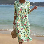 Vestido Vintage Suelto de Manga 3/4 con Estampado Floral en Mezcla de Lino