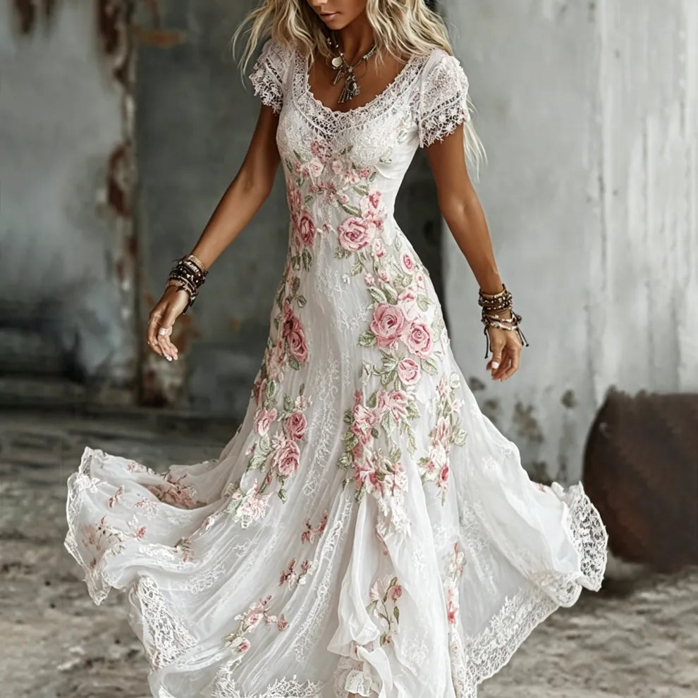 Vestido Largo Fluido De Mujer Con Bordado Floral De Rosas Estilo Bohemio