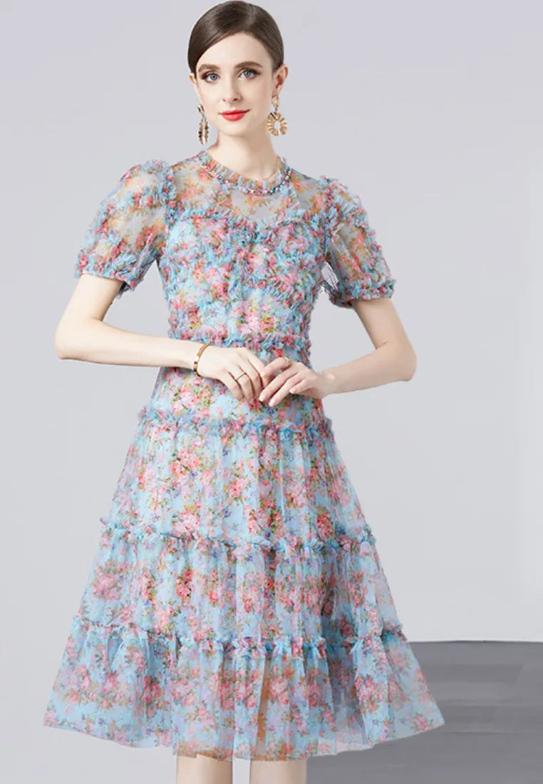 Vestido midi tul floral azul con mangas abullonadas y volantes k26062802