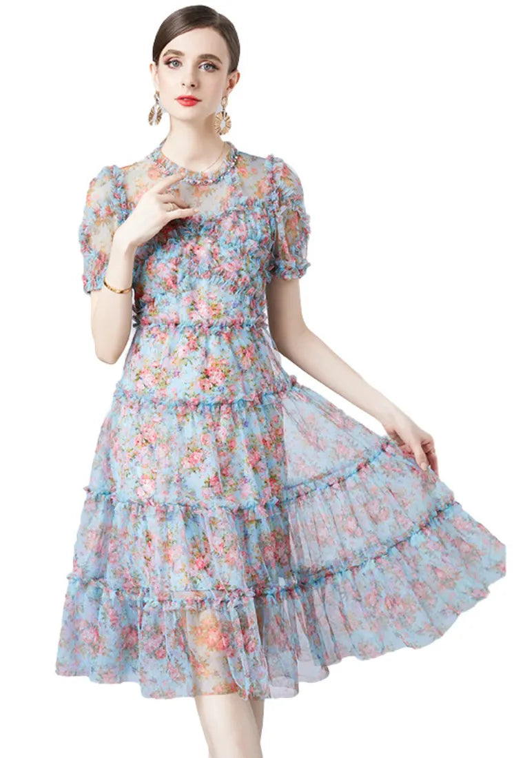 Vestido midi tul floral azul con mangas abullonadas y volantes k26062802