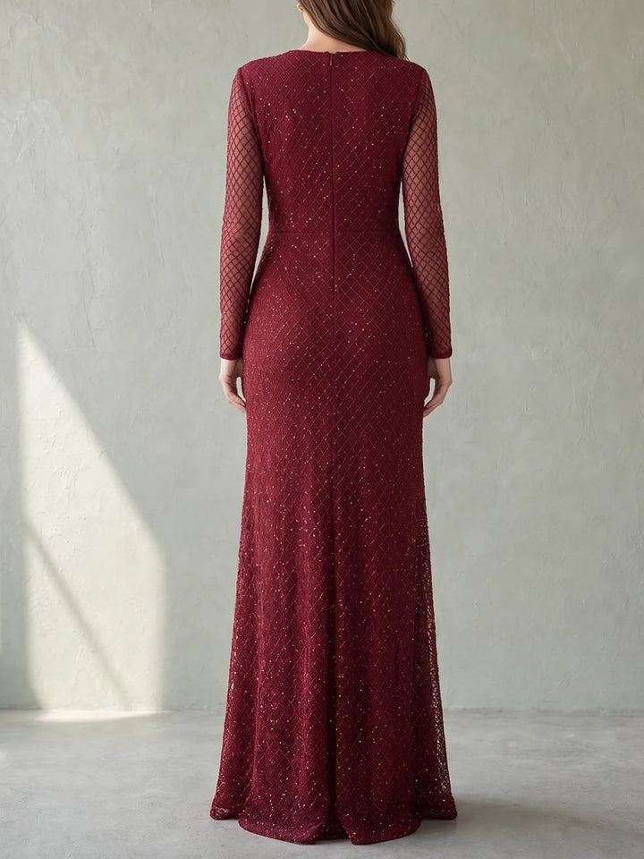 Vestido Maxi Ajustado Con Lentejuelas, Transparencia, Plisado Y Manga Larga Con Escote En V