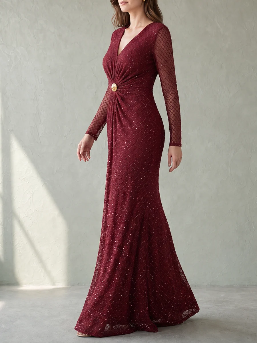 Vestido Maxi Ajustado Con Lentejuelas, Transparencia, Plisado Y Manga Larga Con Escote En V