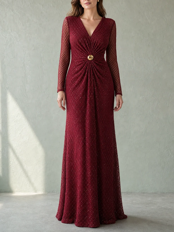 Vestido Maxi Ajustado Con Lentejuelas, Transparencia, Plisado Y Manga Larga Con Escote En V
