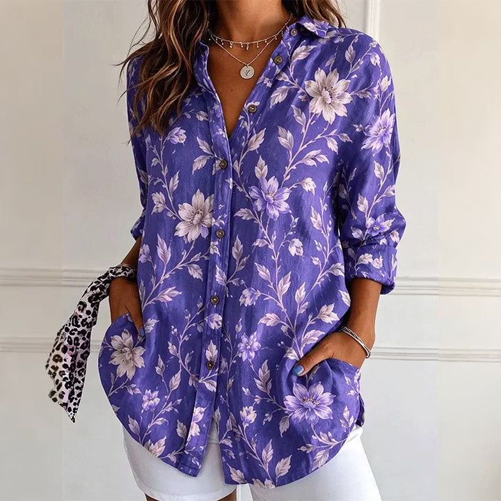 Camisa Retro Con Solapa - Estampado Floral Morado Bolsillos Botones Manga Larga