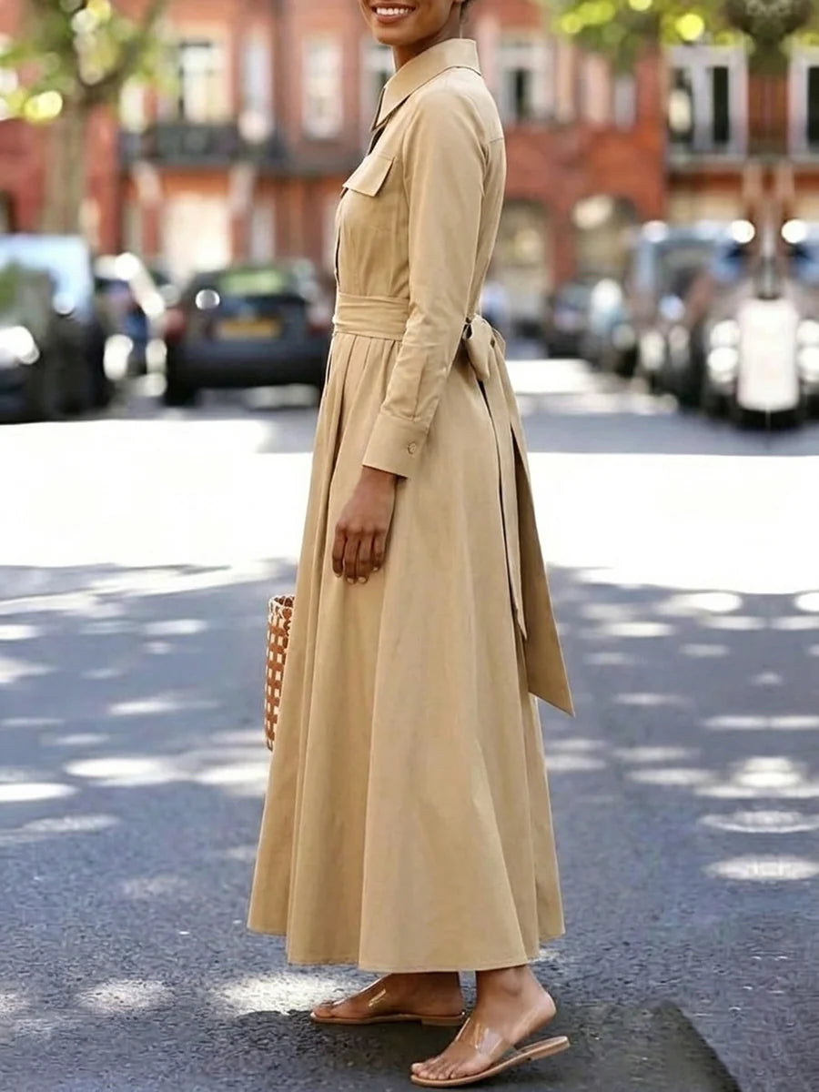 Vestido Maxi Camisero De Color Sólido Con Bolsillos, Botones, Manga Larga, Cintura Alta Y Lapela