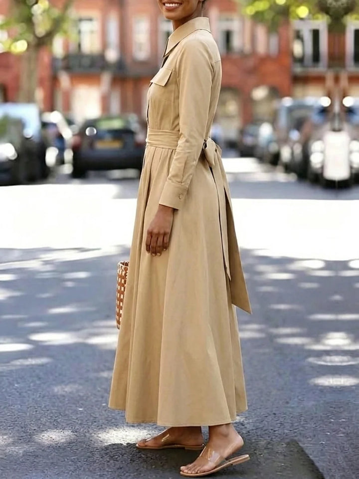 Vestido Maxi Camisero De Color Sólido Con Bolsillos, Botones, Manga Larga, Cintura Alta Y Lapela