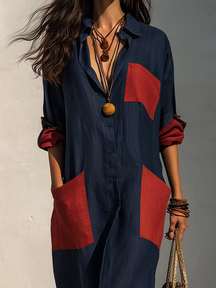 VESTIDO MIDI OVERSIZE CON BOLSILLOS PARCHE - ELEGANCIA SIN ESFUERZO